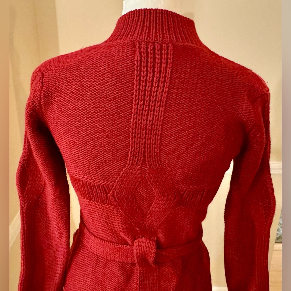 Vintage Macy’s Brick Red 100% Wool Tie Wrap Sweater Cardigan - Picture 6 of 10